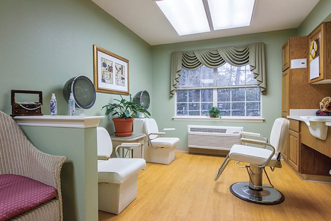 A cozy salon interior with white chairs, hairdryers, a potted plant, and a large window.