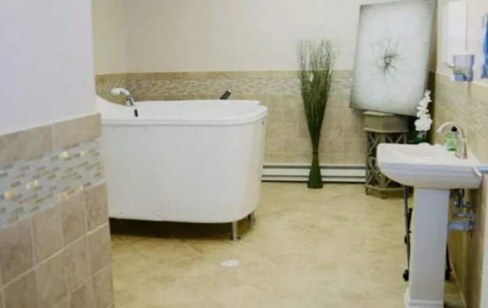 A modern bathroom featuring a sleek bathtub and a toilet with minimalist decor.