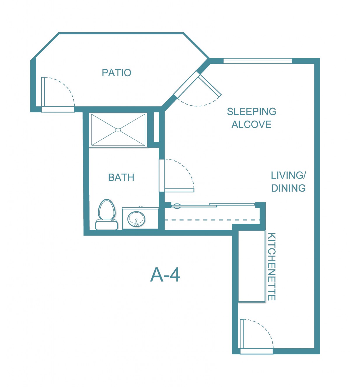 A studio apartment floor plan with a patio, sleeping alcove, living/dining area, kitchen, and bathroom.