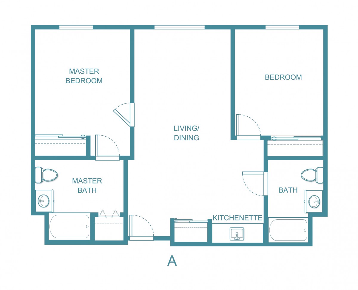 Two-bedroom apartment floor plan with living/dining area, master and regular bedrooms, and two bathrooms.