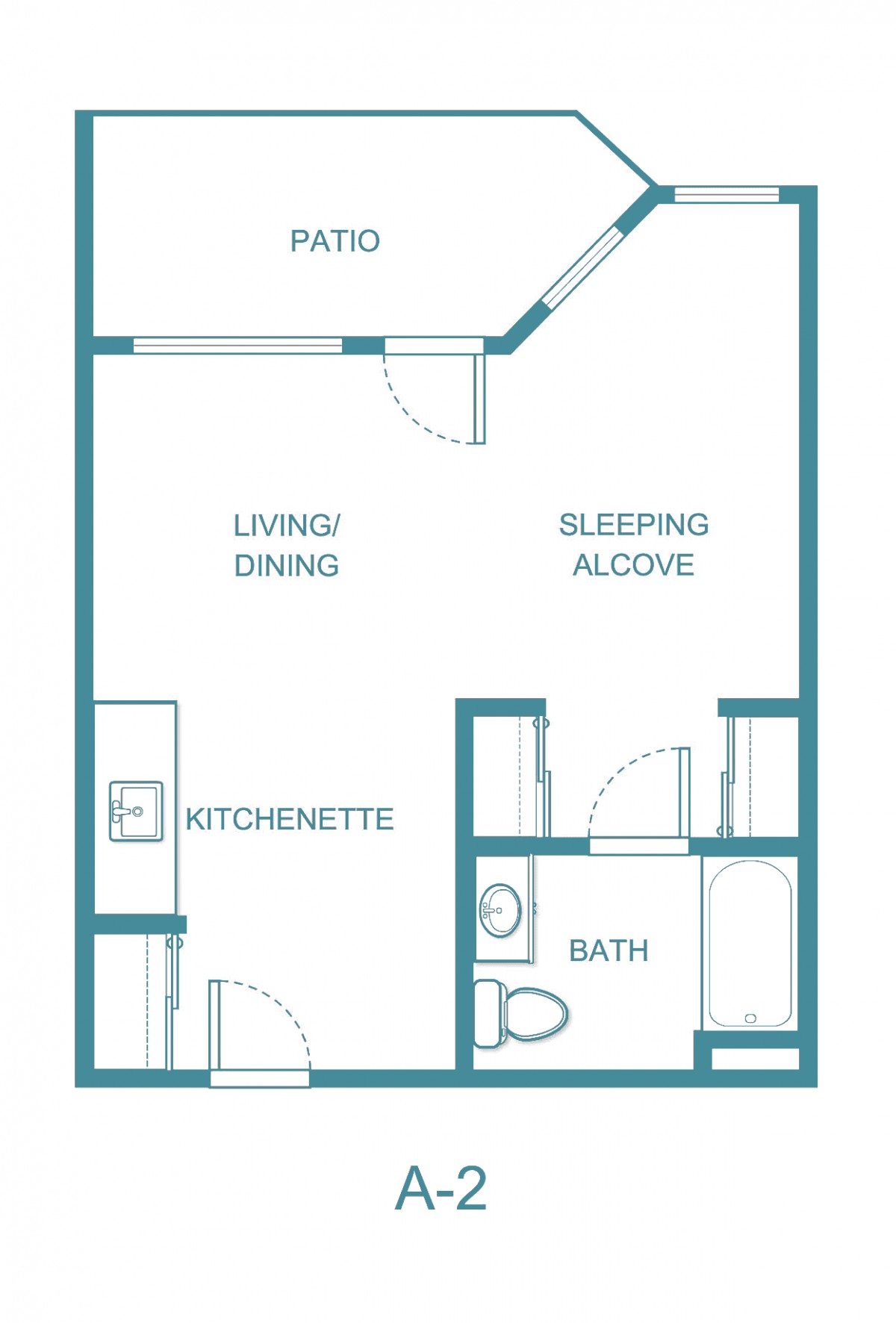 Studio apartment floor plan with living/dining area, kitchenette, sleeping alcove, bath, and patio.