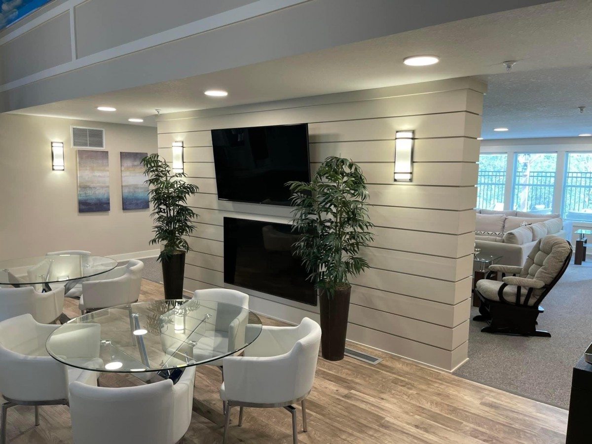 A modern living room featuring a glass table with white chairs, a television mounted on a shiplap wall, and decorative plants.