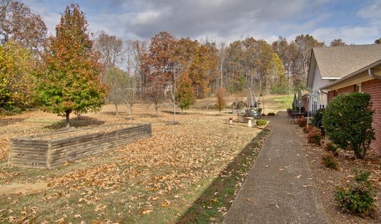 A serene cemetery in autumn with a pathway lined by fallen leaves and surrounded by trees.