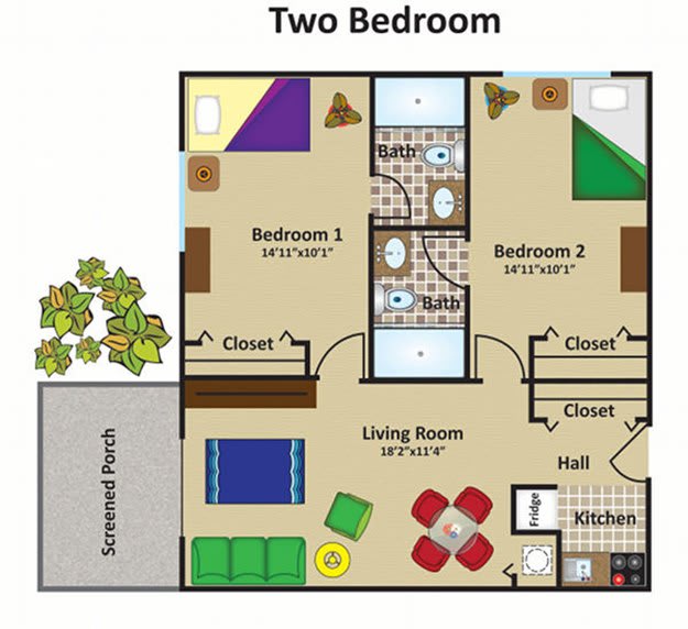 A floor plan of a two-bedroom apartment, featuring a living room, two bathrooms, a kitchen, closets, and an exterior patio.