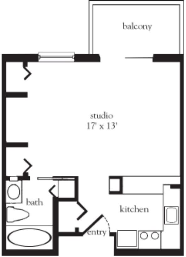 Floor plan of a studio apartment with a kitchen and bathroom layout.