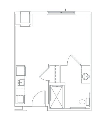 A simple floor plan sketch of a small apartment with designated spaces for essential areas.