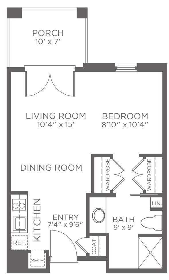 A floor plan of a one-bedroom apartment featuring a living room, dining room, kitchen, bathroom, and bedroom.