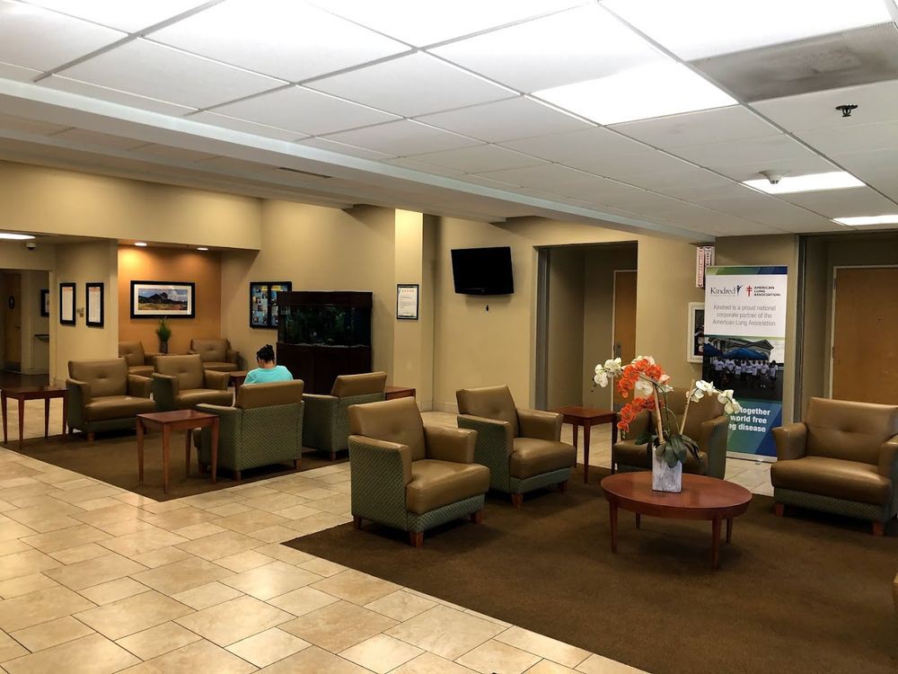 A comfortable waiting room with seating, a television, and decorative elements.