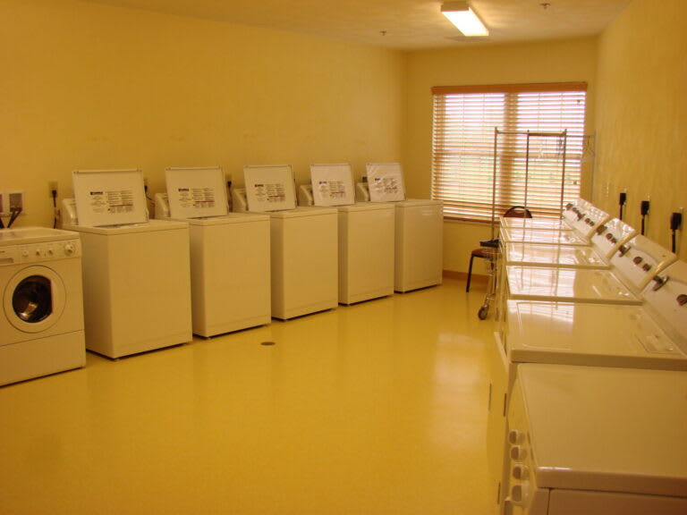 A spacious laundry room with multiple washing machines lined up against the wall.