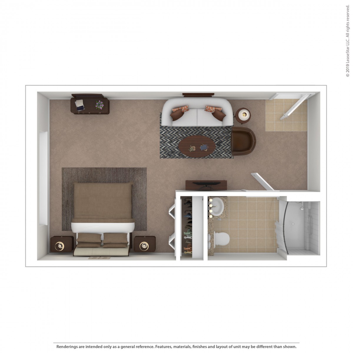 A 3D-rendered floor plan of a bedroom, showcasing the layout with furniture placement including a bed, nightstand, and seating area.