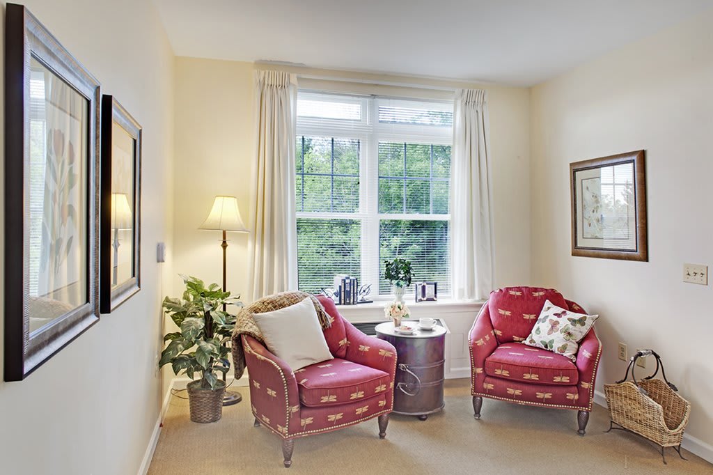 A cozy living room corner with two red armchairs by a large window, complemented by natural light and decorative plants.