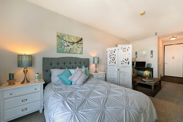 A cozy bedroom with a plush bed, decorative pillows, and elegant furnishings.
