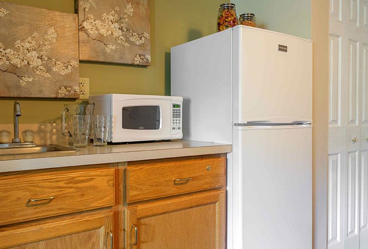 A kitchen setup featuring a white microwave on a countertop beside a refrigerator.