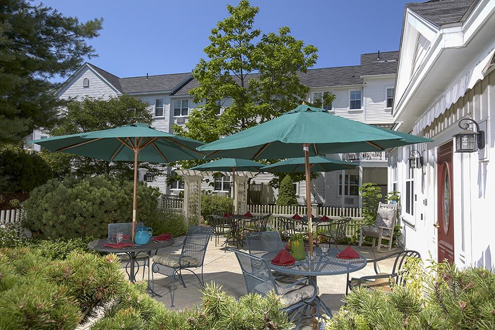A sunny outdoor patio with tables and chairs under large umbrellas, surrounded by greenery.