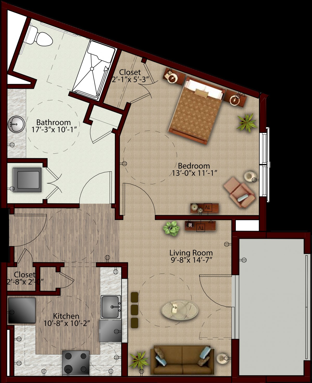 A detailed floor plan of an apartment featuring a bedroom, bathroom, kitchen, and living room.