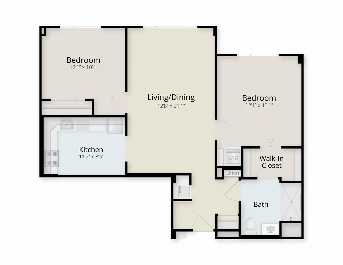 This image shows a floor plan of an apartment with two bedrooms, a living/dining area, kitchen, bathroom, and a walk-in closet.