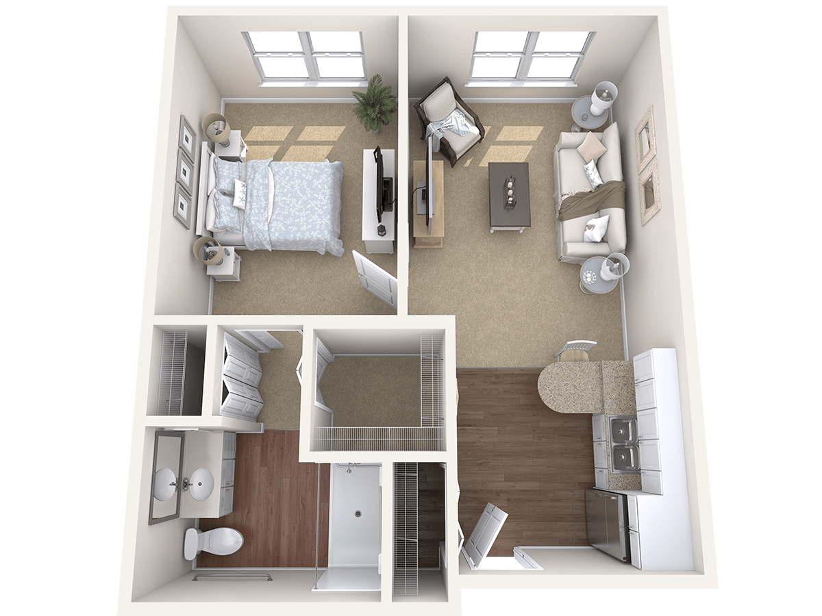 A 3D floor plan of a one-bedroom apartment with a living room, kitchen, and bathroom.