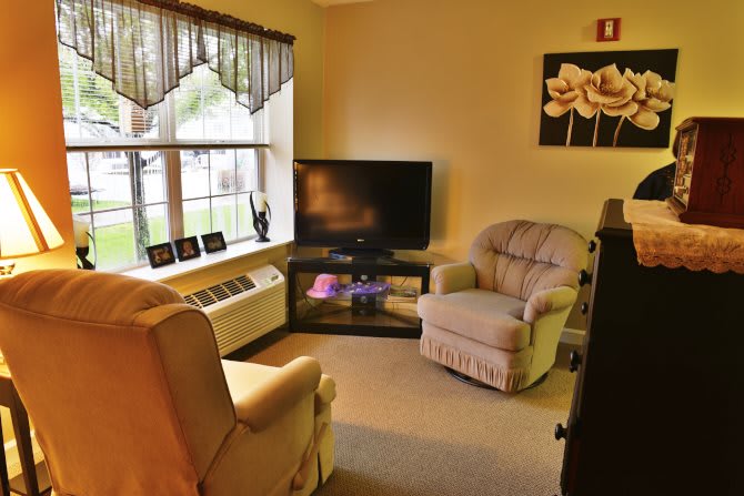 Cozy living room with armchairs and a television near the window.