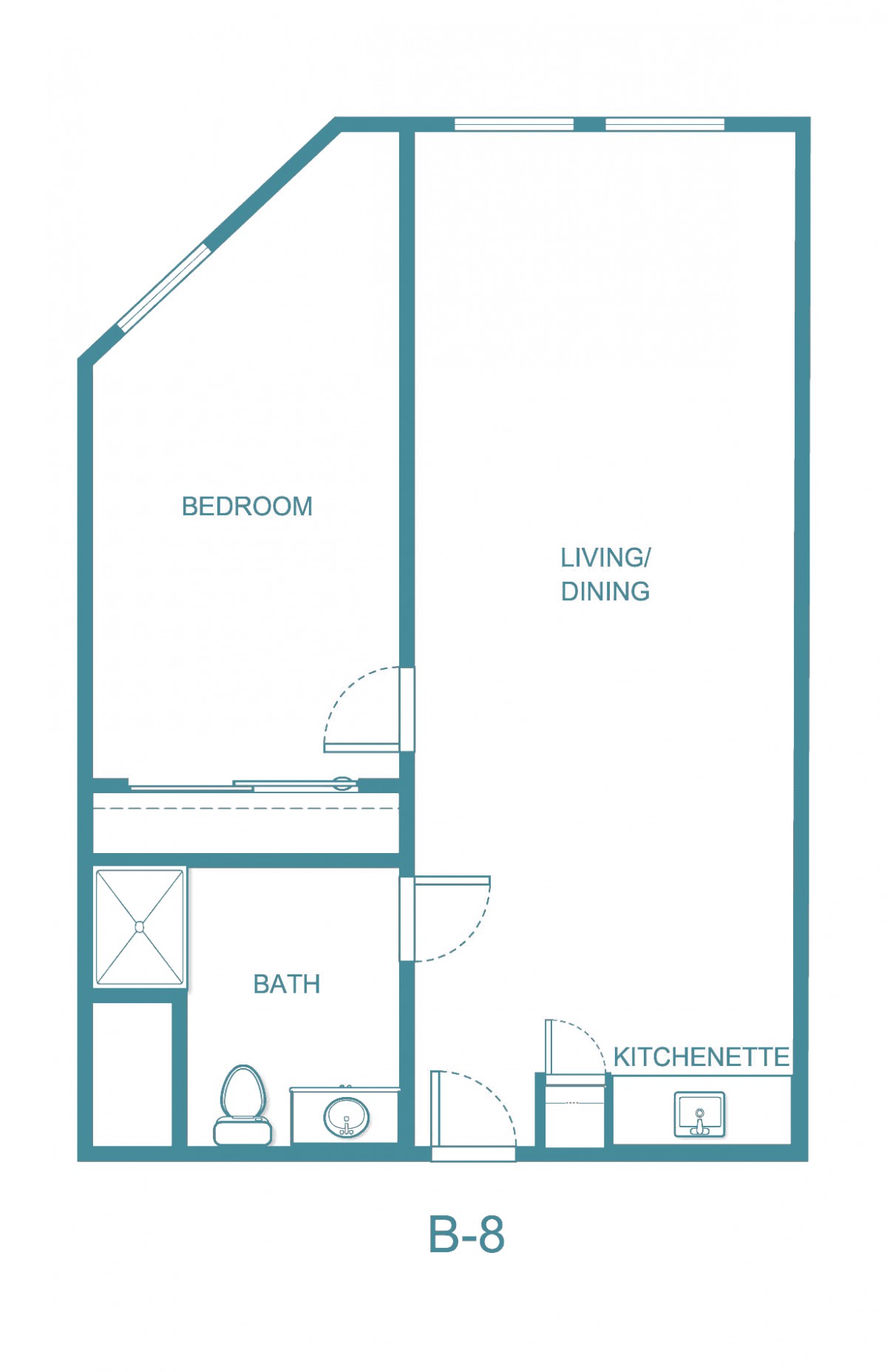 A floor plan of a one-bedroom apartment with a living/dining area, kitchenette, and bathroom.