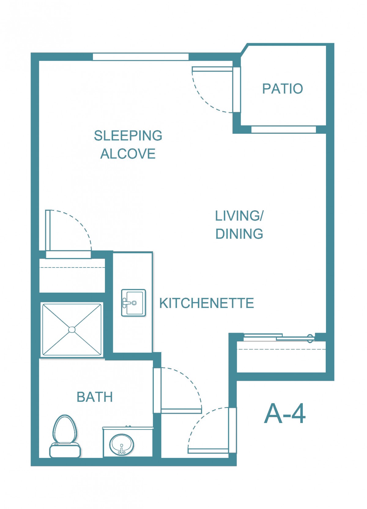 A floor plan of a studio apartment featuring a sleeping alcove, kitchenette, living/dining area, bathroom, and patio.