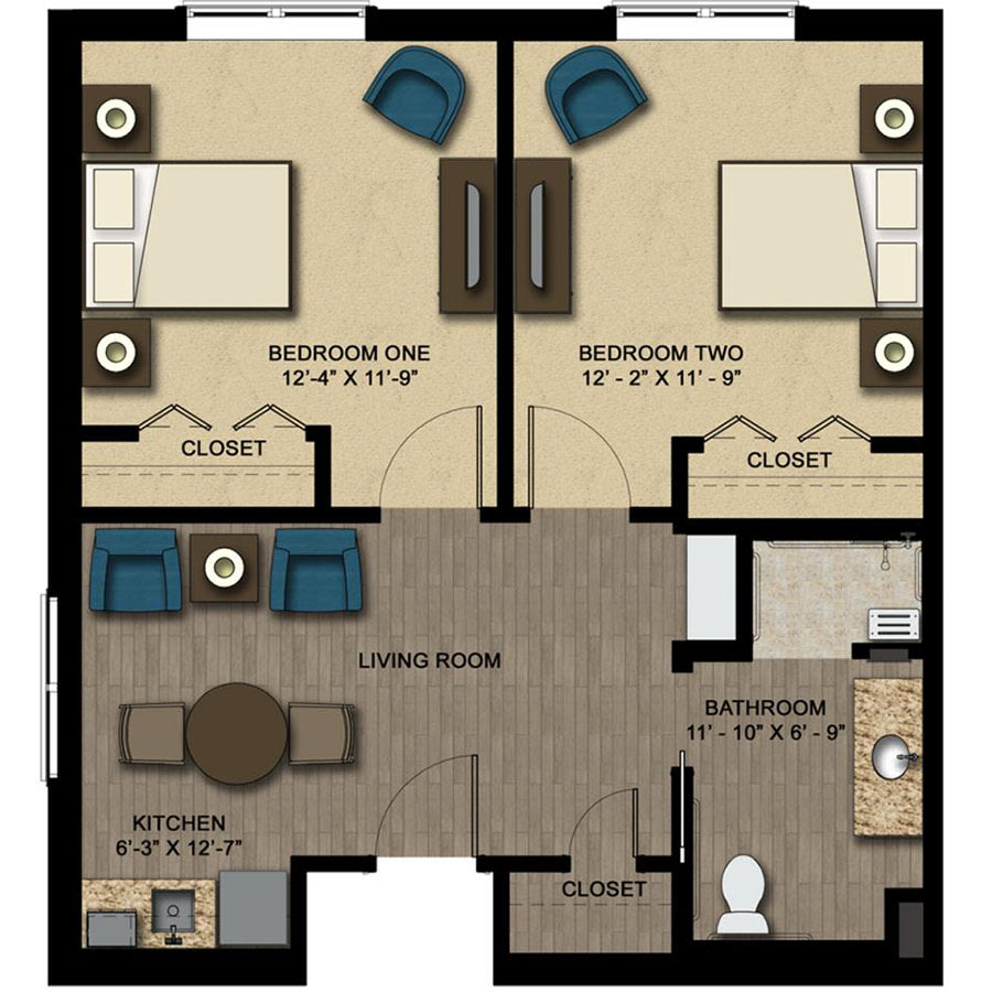 Two-bedroom apartment floor plan with living room, kitchen, and bathroom.