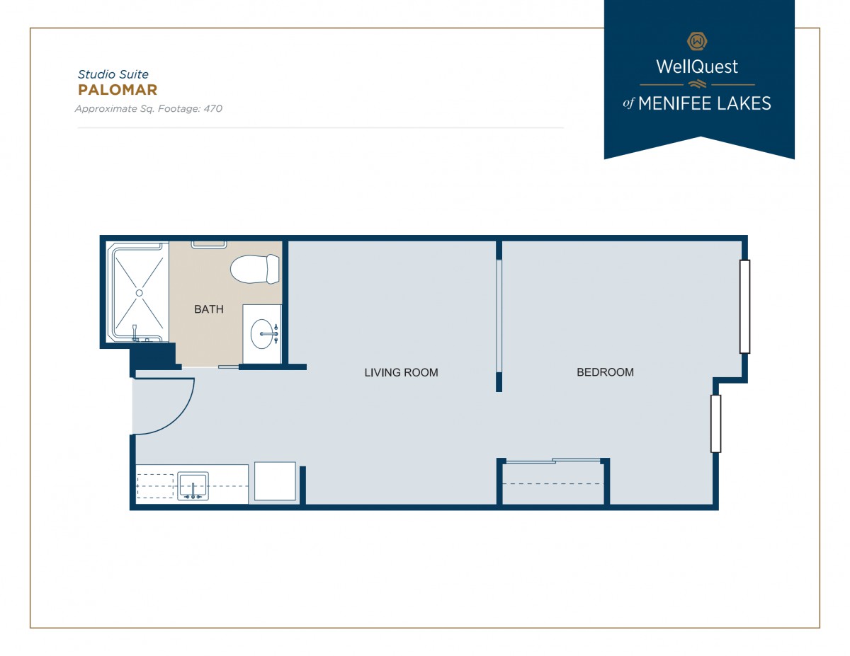 Floor plan of a studio apartment showing the layout and designated areas.