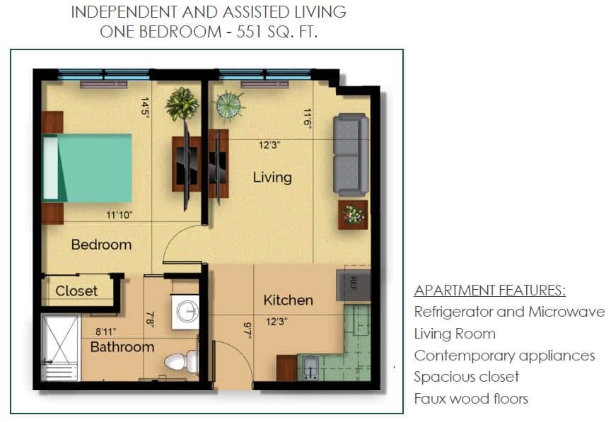 351 sq. ft. one bedroom apartment floor plan for independent and assisted living.