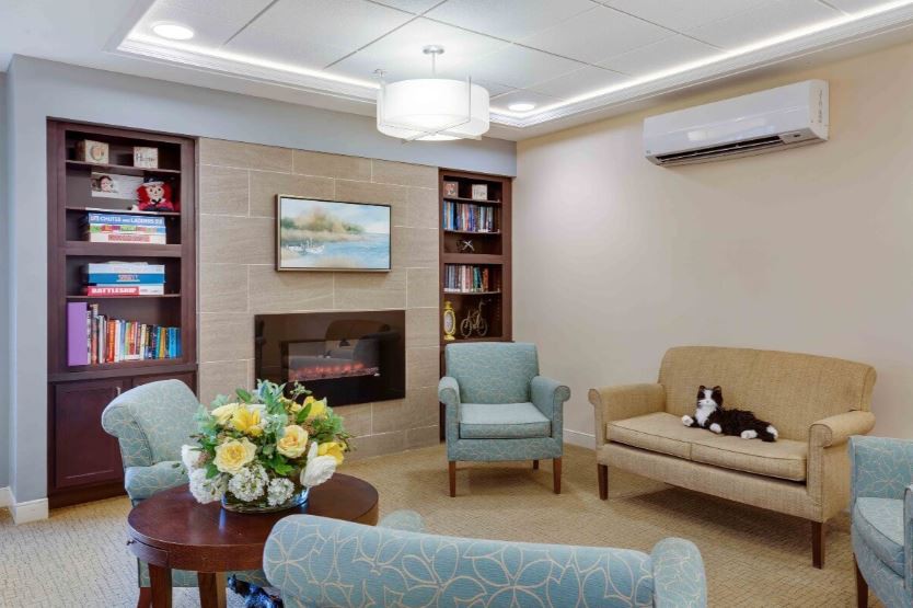 A cozy living room with a fireplace, bookshelves, and comfortable seating.