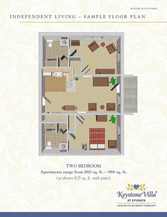 This image shows a floor plan of a two-bedroom apartment featuring a living room, kitchen, and bathroom.