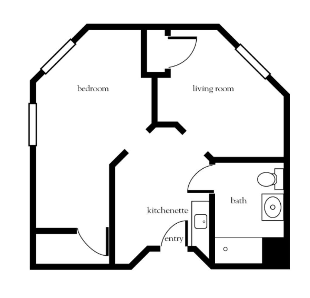A simple floor plan of an apartment showing the layout of rooms.