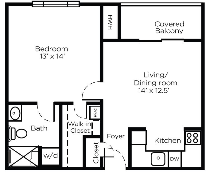 A floor plan of a one-bedroom apartment featuring a living/dining room, kitchen, bathroom, walk-in closet, and covered balcony.