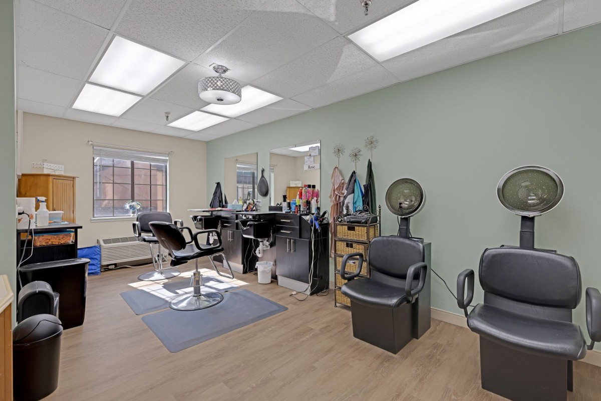 A modern hair salon with stylish chairs and equipment, bathed in natural light.