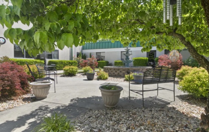 A peaceful garden with benches and lush greenery under a sunny sky.