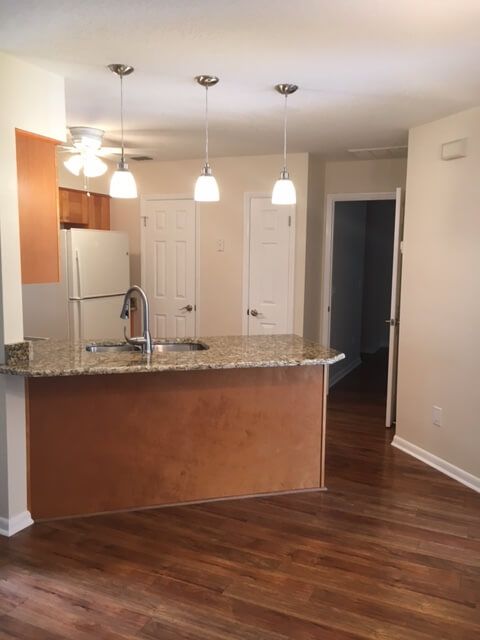 A modern kitchen in an apartment with granite countertops and hardwood floors.