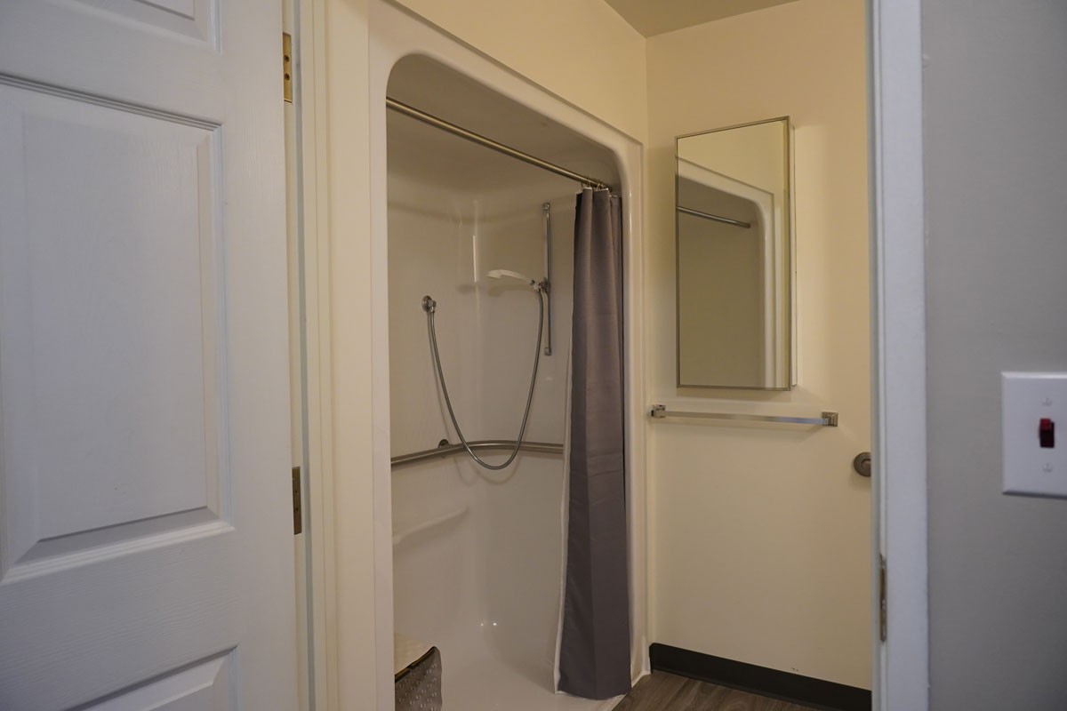 A bathroom featuring a shower with a curtain and a mirror above the sink.