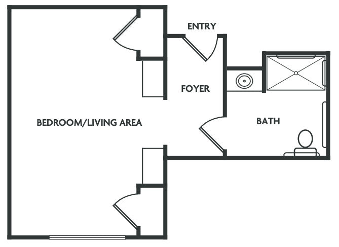 A simple floor plan of a studio apartment featuring a bedroom/living area, foyer, and bath.