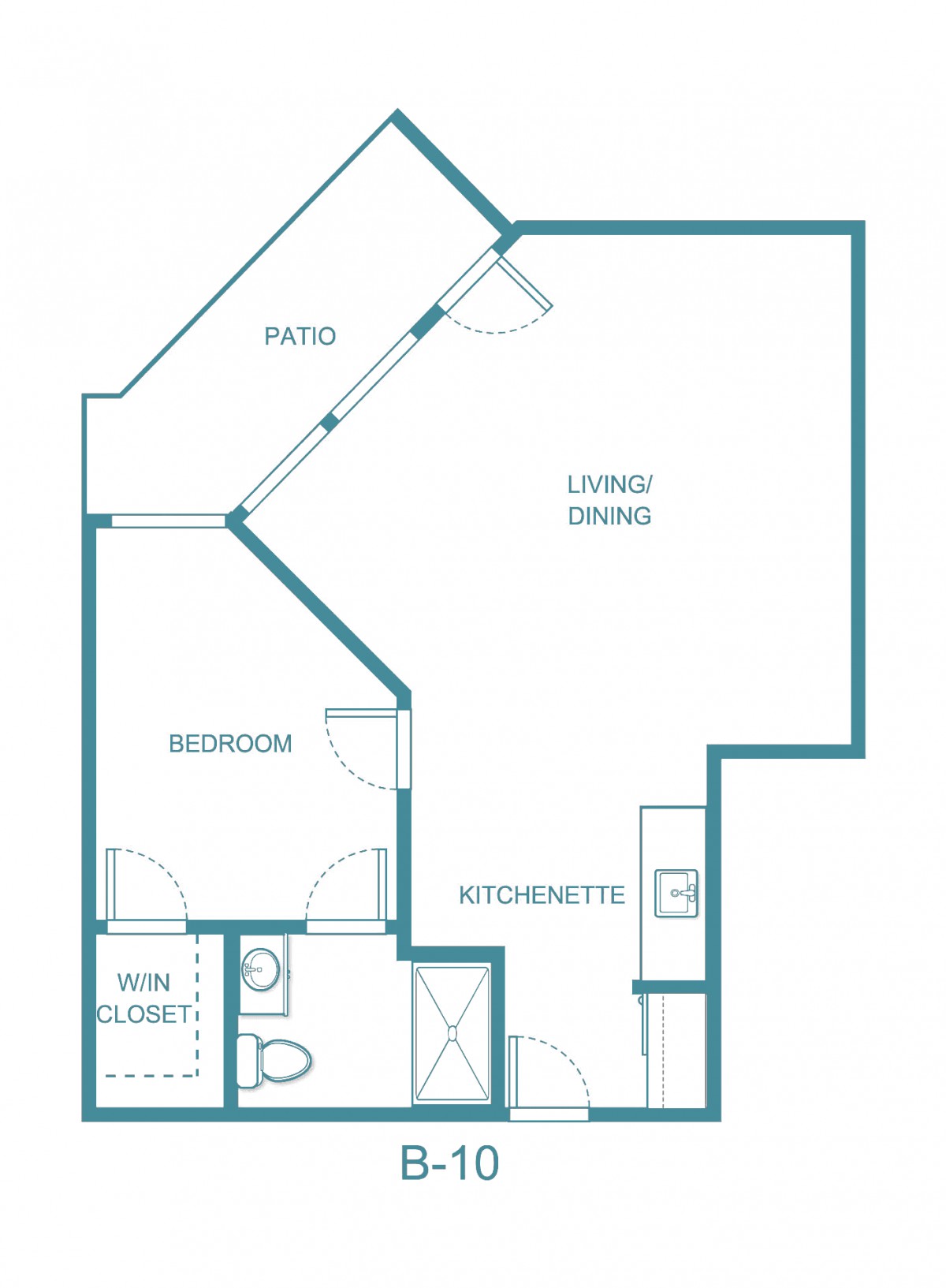 A studio apartment floor plan with a living/dining area, kitchen, bedroom, bath, and patio.
