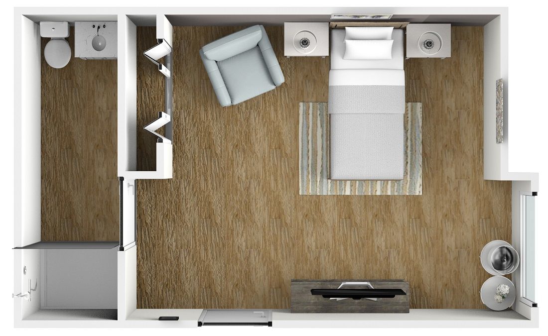 A 3D rendered floor plan of a bedroom featuring a bed, armchair, and TV stand.