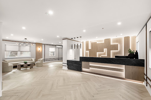 A sleek and modern lobby featuring elegant design elements and sophisticated lighting.