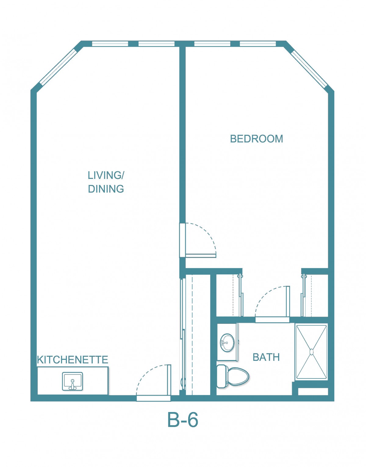 A floor plan of a one-bedroom apartment with a living/dining area, kitchenette, bedroom, and bathroom.