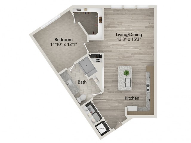 A floor plan of a one-bedroom apartment with designated areas for a living/dining room, kitchen, bathroom, and bedroom.