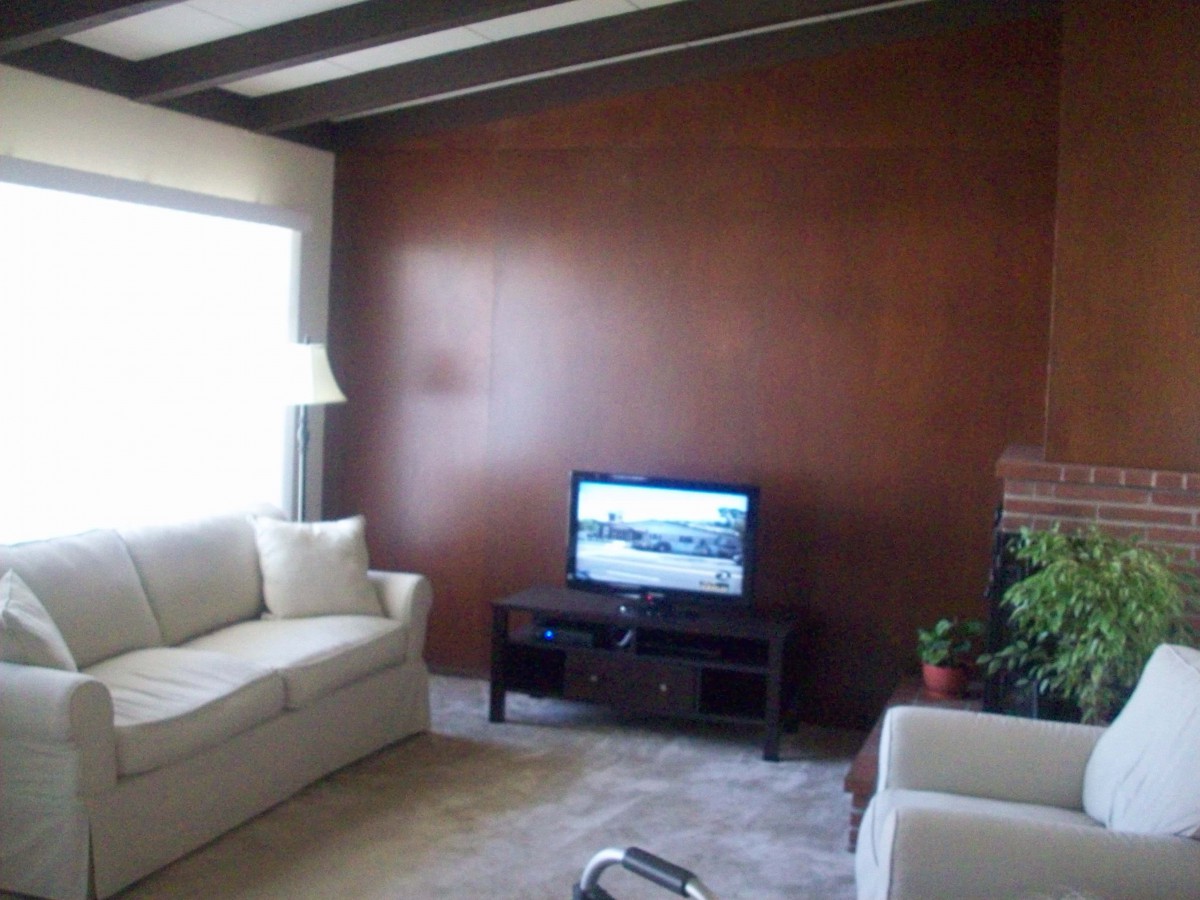 A cozy living room with a sofa, television, lamp, and wood panel wall.