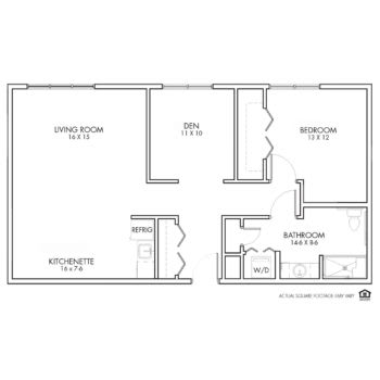 A floor plan of a one-bedroom apartment featuring a living room, kitchen, bathroom, and bedroom.