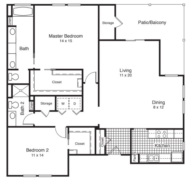 A detailed floor plan of a two-bedroom apartment with designated living, dining, and kitchen areas.
