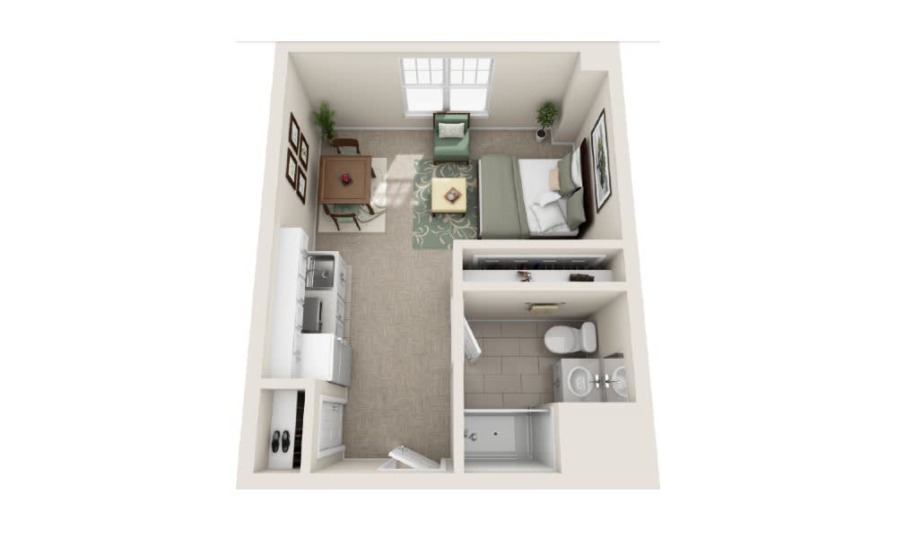 A 3D rendering of a studio apartment floor plan, showcasing the layout with a kitchen, living area, bedroom, and bathroom.