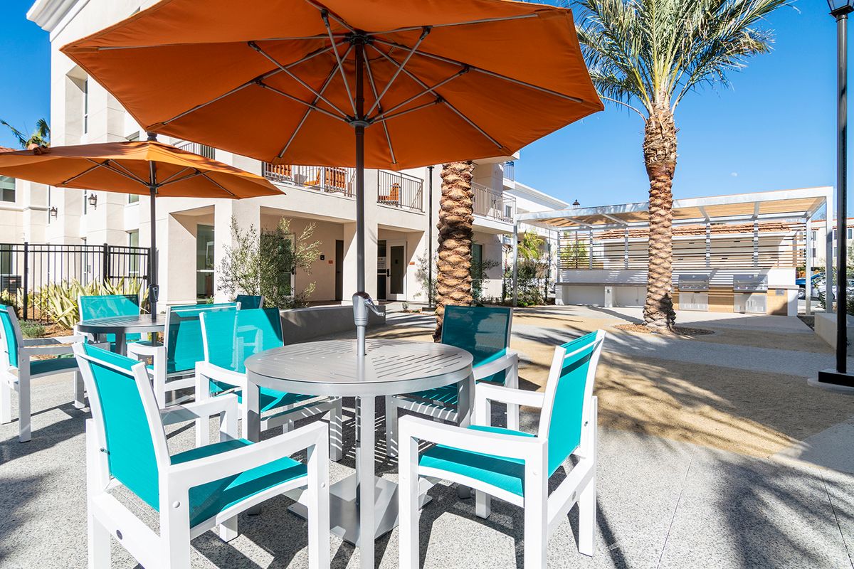 A sunny outdoor patio area with tables, chairs, and large umbrellas surrounded by palm trees.