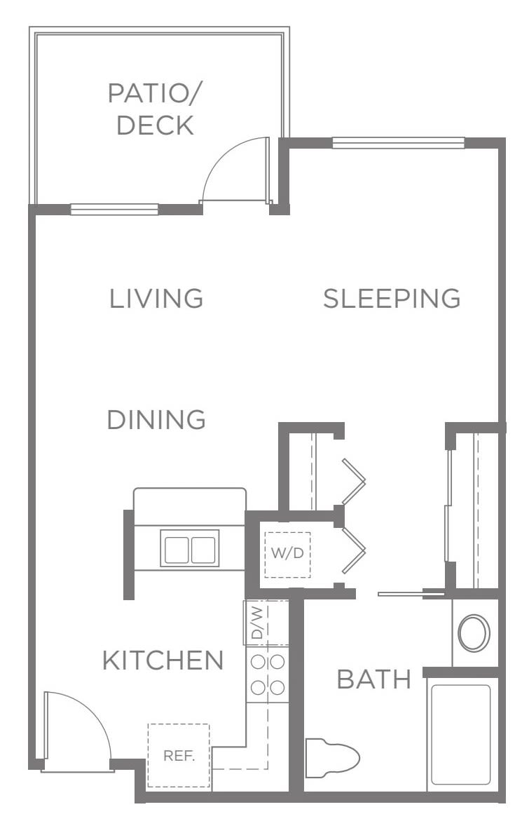 Studio apartment floor plan with living, sleeping, kitchen, and dining areas.