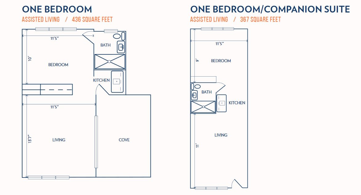 Floor plans for a studio and a one-bedroom/convertible apartment.
