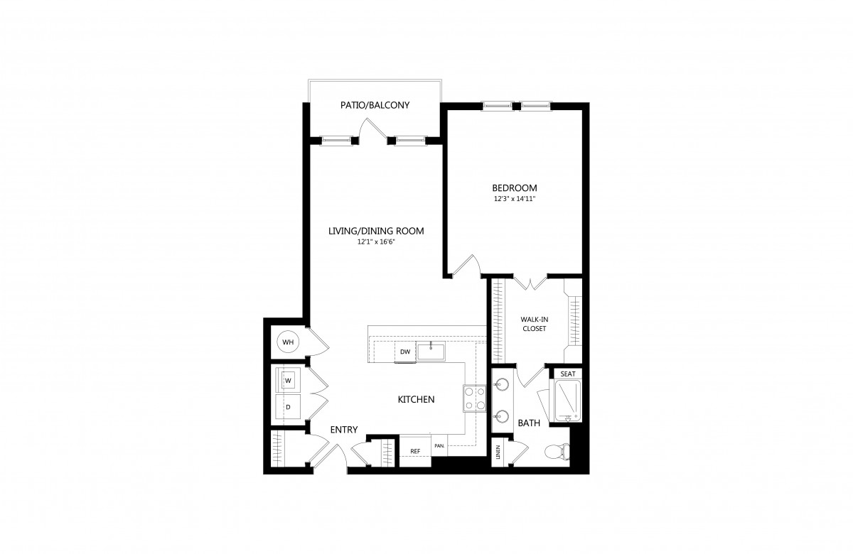 A detailed floor plan of a modern 1-bedroom apartment with an open living and kitchen area.