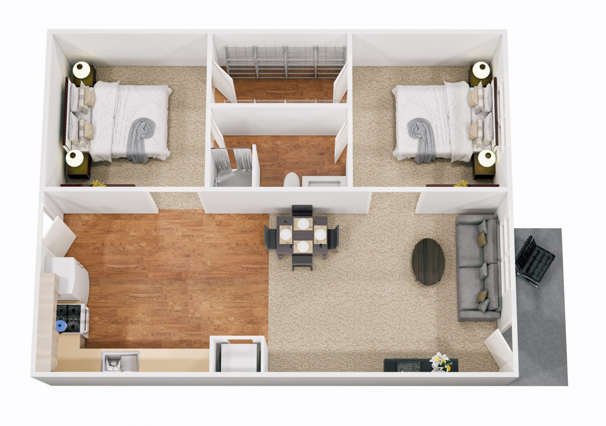 A two-bedroom apartment layout with a living room and dining area.